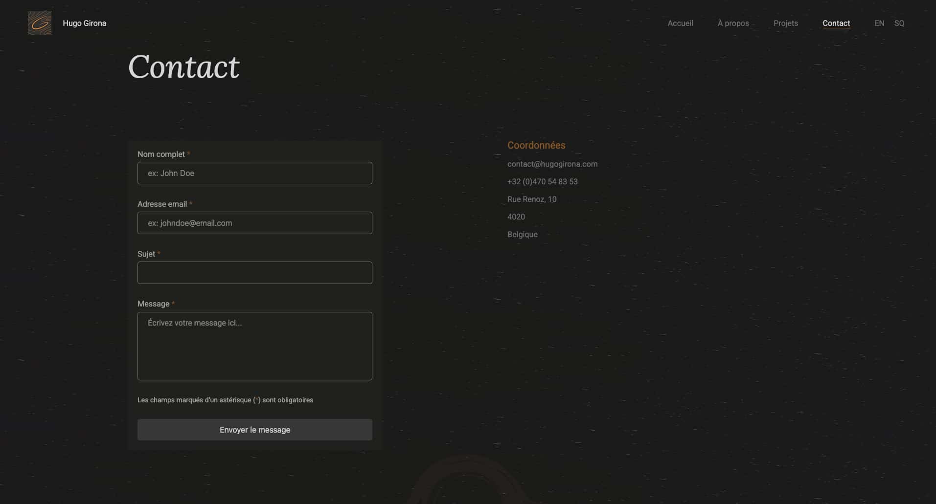 Page de contact de mon site portfolio