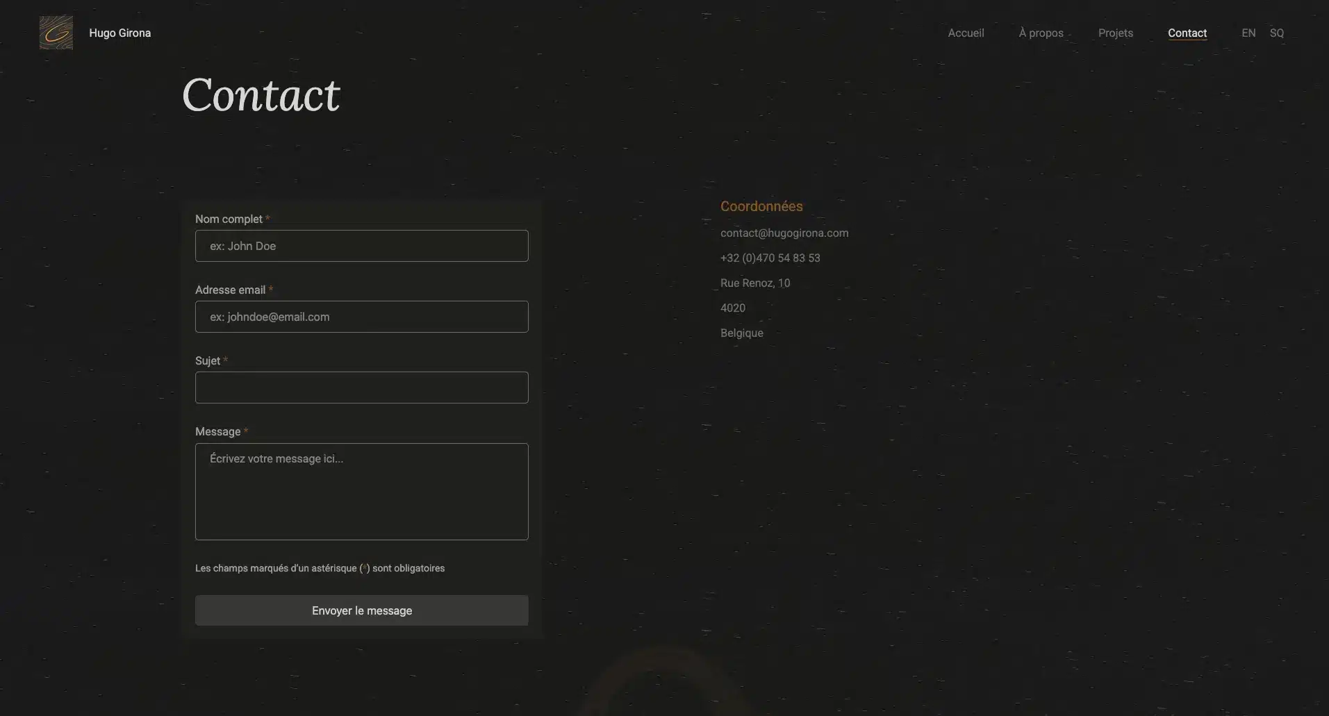 Screenshot de la page de contact de mon portfolio