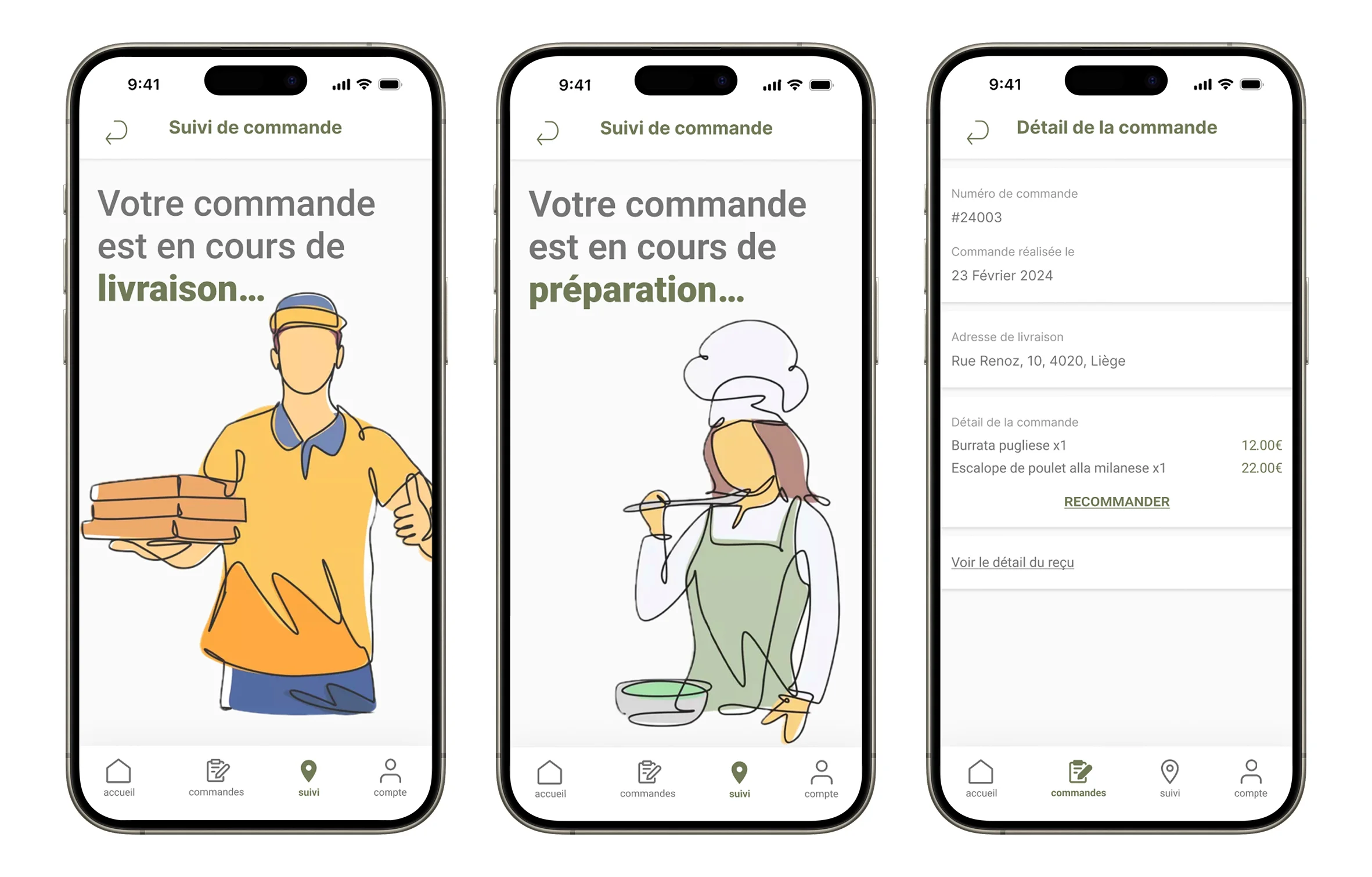 Mockups des écrans de l'application sur Iphone 15 pro max